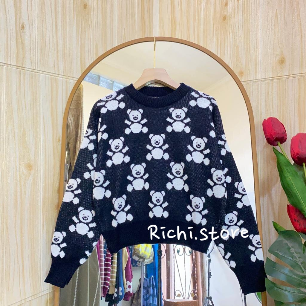 Virly Sweater Crop Rajut Wanita Full Motif Bear