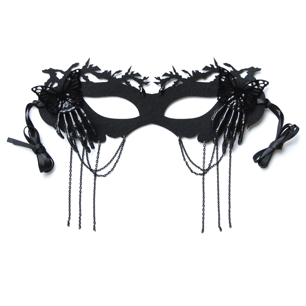 [ GOTH ] Mask Black Butterfly Hand Bone with Chain / Topeng Tulang Tangan Kupu-kupu Hitam dengan Rantai 8048