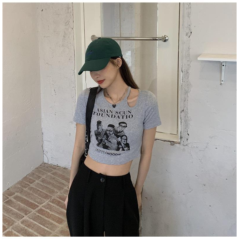 TJM BJ395 Korean Crop Top Asian Scun Atasan Lengan Pendek Kaos Berongga Sexy