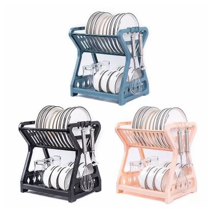 Rak Wadah Piring Mangkok Gelas Plastik 2 Susun / Tempat Pengering Cuci Susun Piring / Rak Penyimpanan Organizer Dapur Minimalis / Dish Drying Rack 2 Layer Tirisan Cucian Air Gantungan Serbaguna [MF]