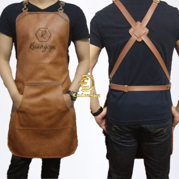 apron barista Celemek Cafe Apron barbershop Celemek cukur rambut full premium synthetic leather full black crossback path strep