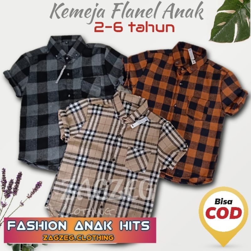 Zagzeg Clothing Atasan Kemeja Flannel Anak Lengan Pendek Kemeja Motif Kotak Bahan Flanel usia umur 2-6 tahun