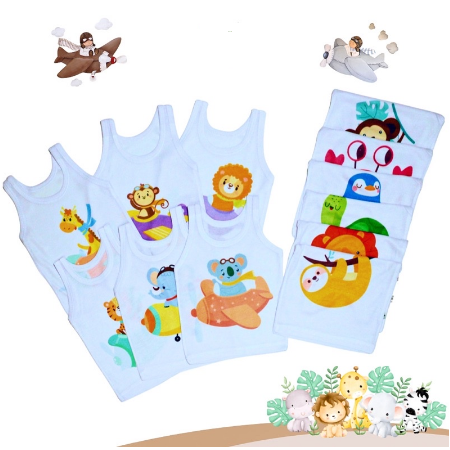 1 LUSIN | 12 pcs  SINGLET Bayi Dan Anak Kaos Dalam  KUTUNG Motif Putih &amp; Warna