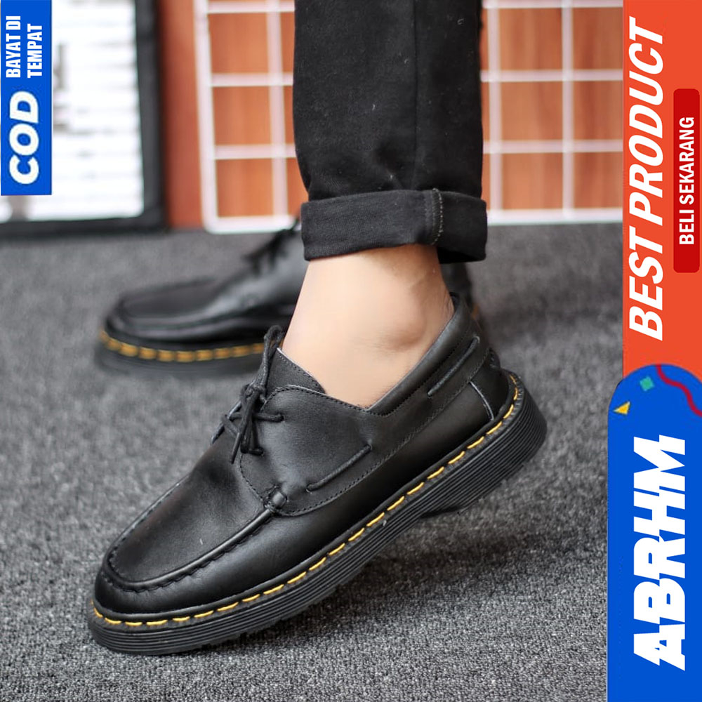 ABRHM Sepatu Formal Pantofel Docmart Kulit Asli Kerja Pria Hitam Shiro