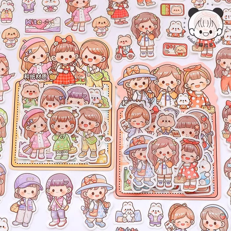 Sticker Fashion Girl Korean | Stiker Aesthetic DIY Design Tumblr Cute Korea Chibi Girl | Cute Cartoon PET PVC Sticker | Stiker Lucu Anti Air