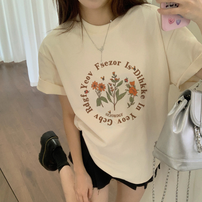 Print T-shirt Kaos Lengan Pendek Retro Flowers Oversize Atasan Wanita Korean Style