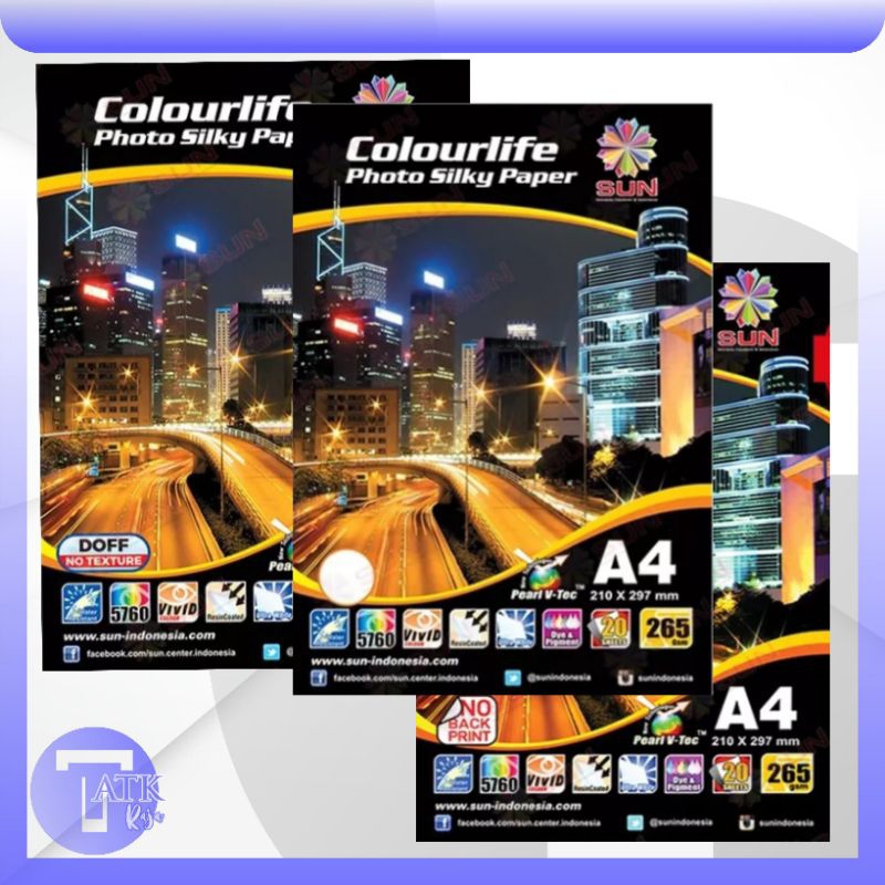 

Silky Photo Paper A4 - Kertas Foto Silky Doff A4 - SUN Colourlife ( Suppo kkson/canon/hp/brother/epson)