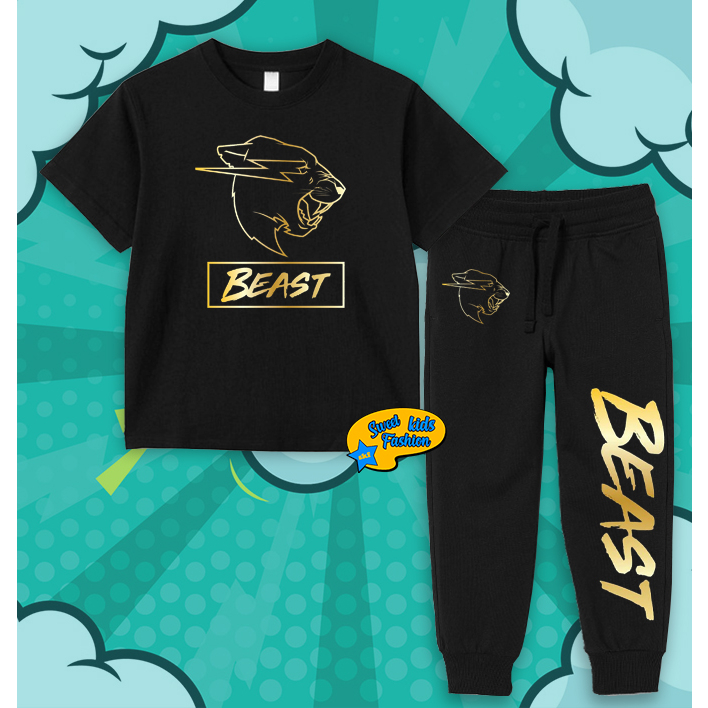 Setelan Anak Mr Beast Gold Logo Jogger Kaos Anak Mr Beast Gold Set