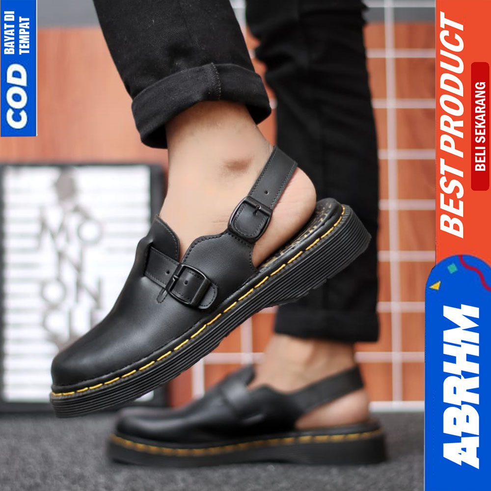 ABRHM Sepatu Sandal Bustong Pria Casual Kulit Slop Hitam