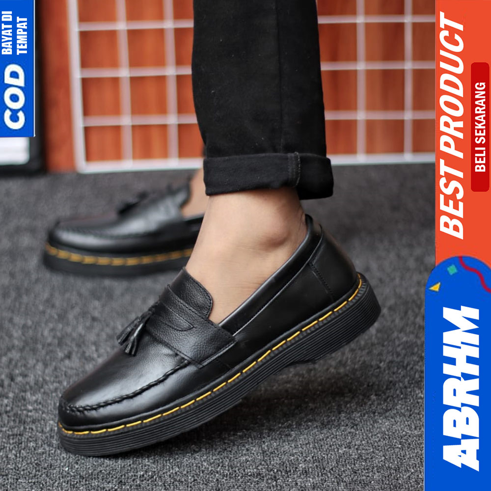 ABRHM Sepatu Loafers Docmart Pria Kulit Asli Kerja Hitam