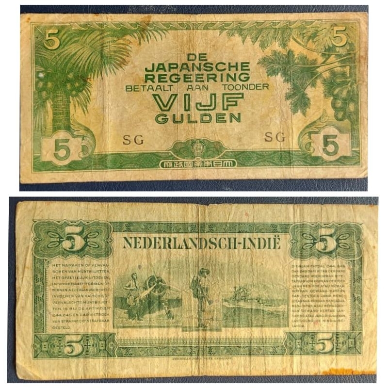 Uang Kuno Indonesia DJR 5 Gulden  1942 Kondisi Kertas ,Renyah Original 100%
