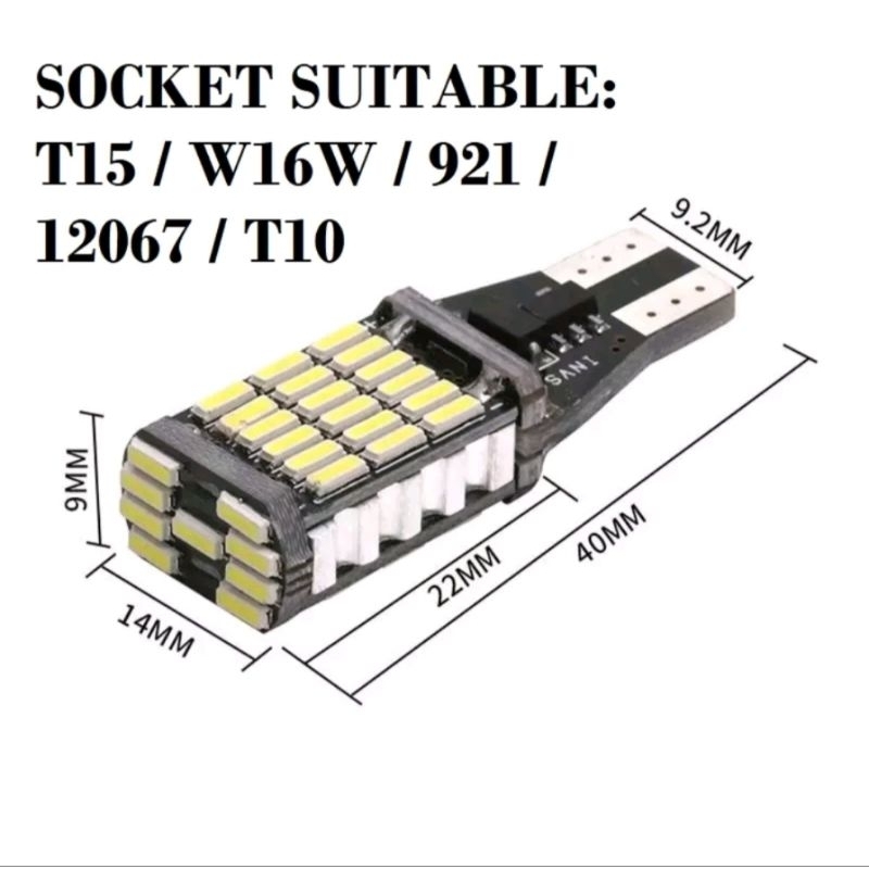 LAMPU LED MUNDUR SENJA T15 T10 W16W CANbus 45 SUPER BRIGHT ERROR AD DC MOTOR MOBIL 45LED MATA