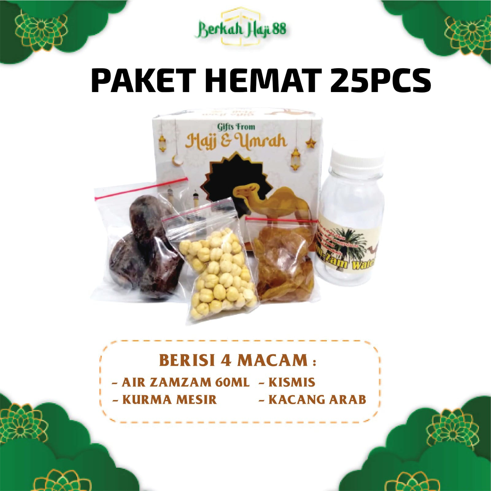 Paket  25 Box HEMAT Oleh oleh Haji Umroh Murah dan Lengkap Air zamzam dan Botol 80ml + Kurma Khalas + Kacang Arab + Kismis