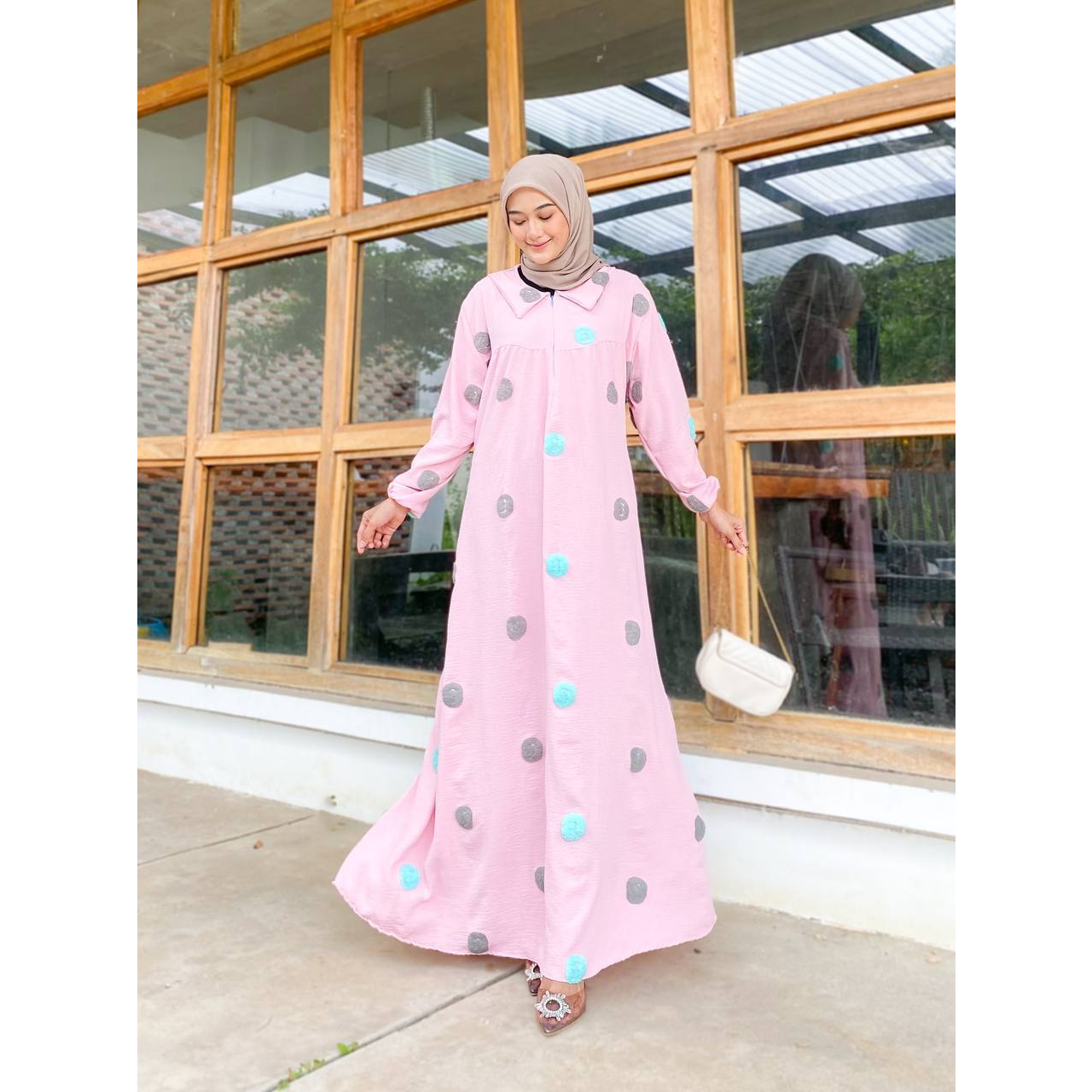 Gamis Suhana Dress Jumbo crinkle pompom timbul Resleting depan busui Tali samping Ld120cm Pj35cm