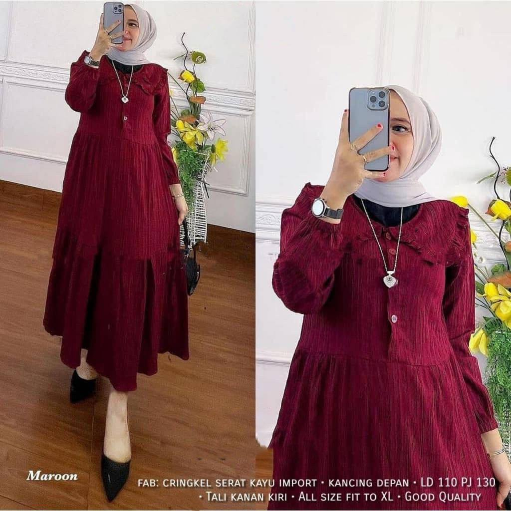 gamis Neora Dress Ladycrush Kancing depanbusui Tangan wudhu tali samping Model susun Ld110cm Pb135cm