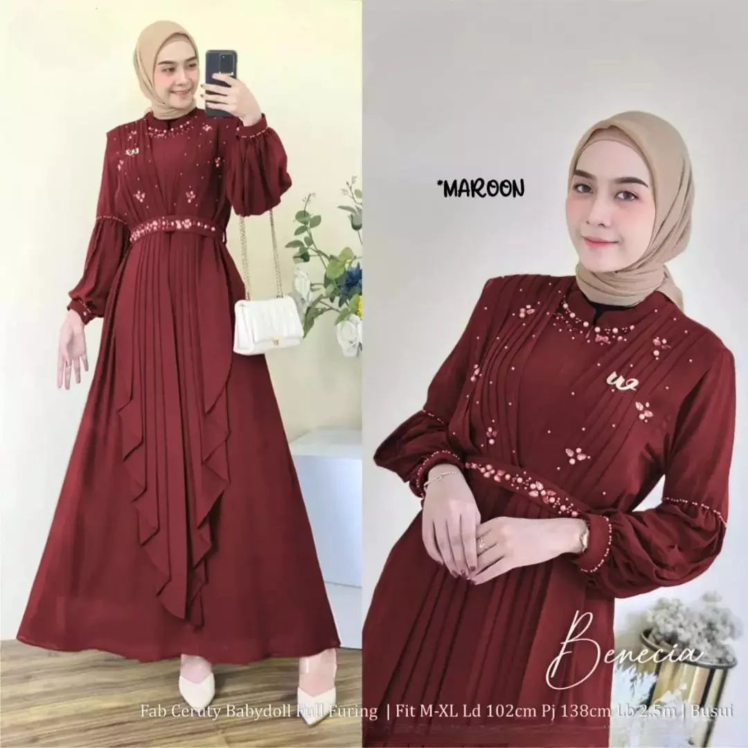 Gamis benecia maxy bahan ceruty baby doll premium full furing / busui / resleting depan original