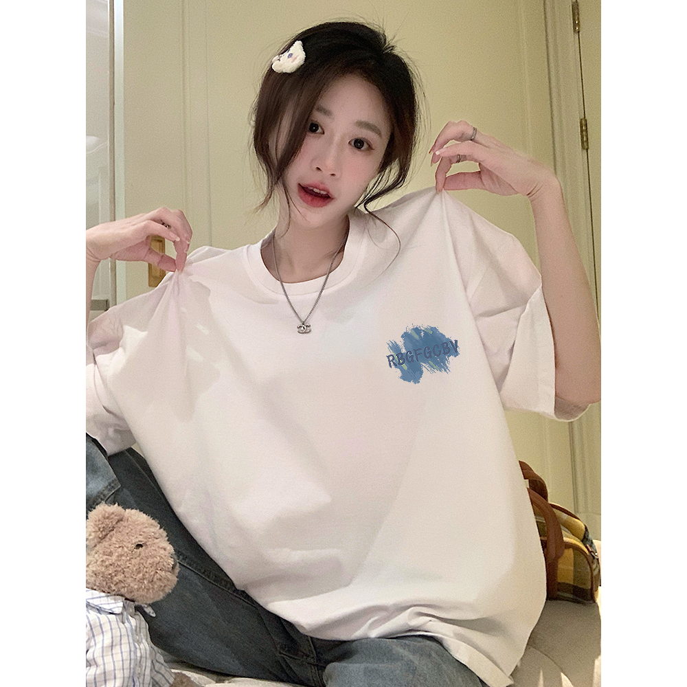 XiaoZhaiNv Korean Style Kaos Atasan Wanita Grafiti Biru Pattern Lengan Pendek A0381