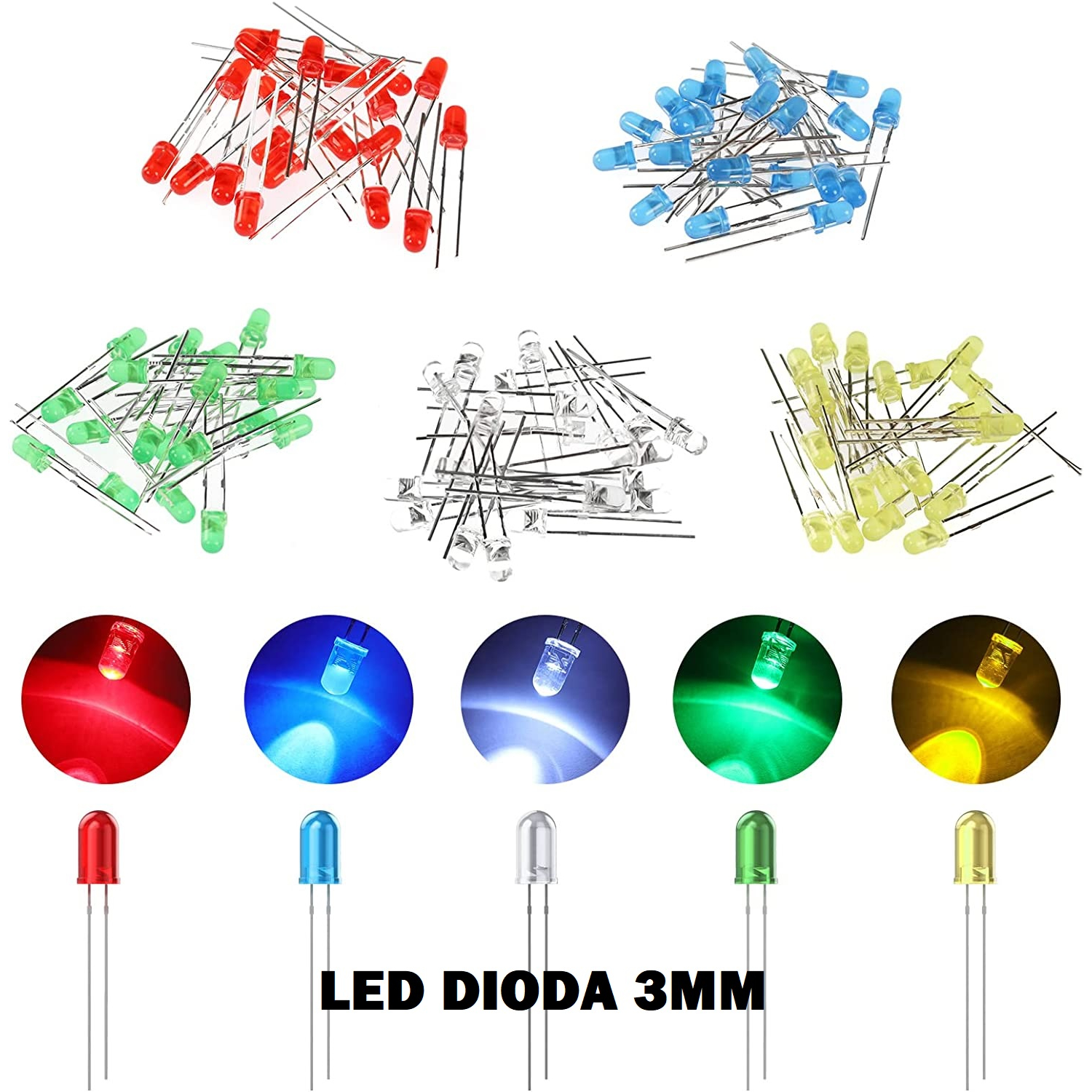 Lampu LED Dioda Diode F3 Diffused 3mm 3 mm Warna Kuning Biru Merah Hijau Putih