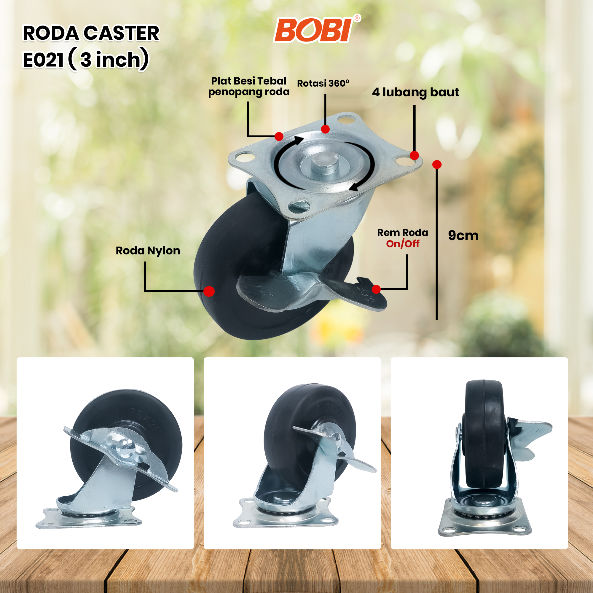 Roda Caster PVC NYLON / Roda Etalase Lemari 3 inch / Roda Serbaguna BOBI - Warna Random