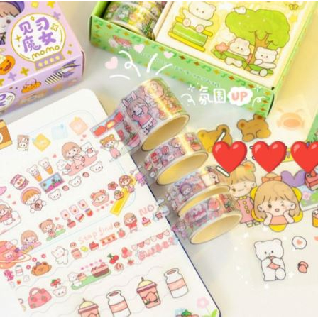 Sticker Momo Set isi 10 lembar + 4 roll Stiker Waterproof Motif Kartun Korea Sticker Momo Set Box Anti Air