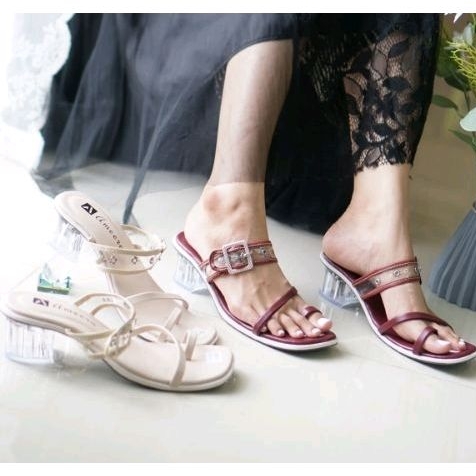 AMEERA - Sandal Heels Jepit chunky / Sandal Wanita Kekinian Hak Kaca 5Cm