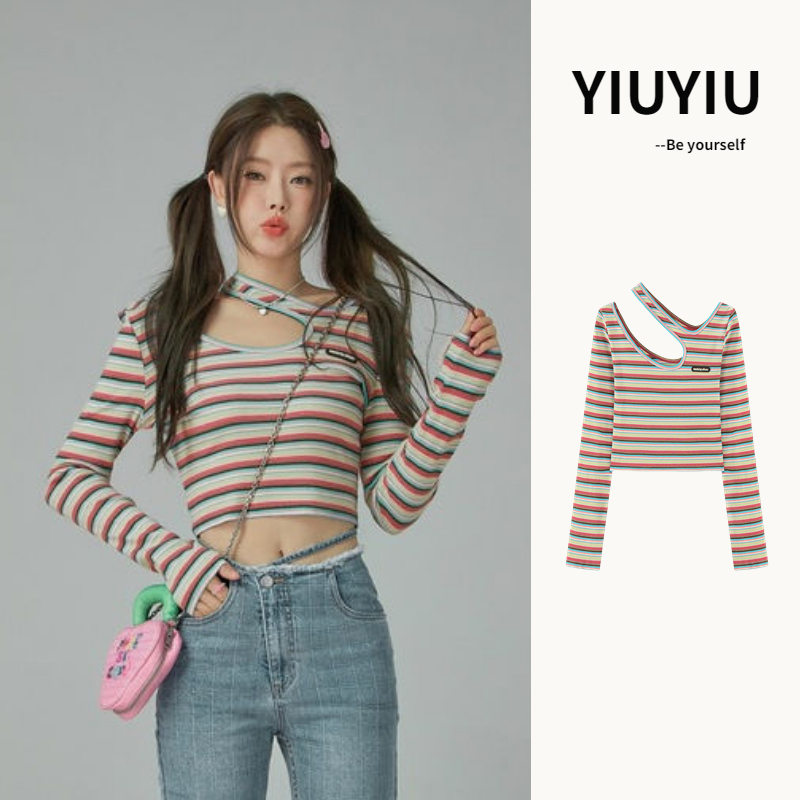 YIU YIU Rajut - Atasan Wanita Kekinian Stripe Lengan Panjang Halterneck Casual Top