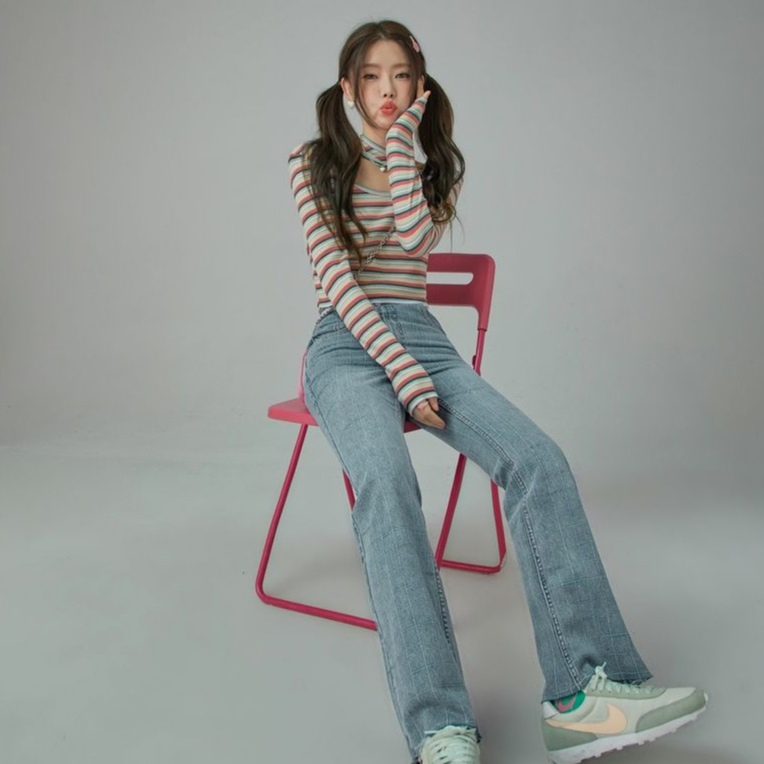 YIU YIU Rajut - Atasan Wanita Kekinian Stripe Lengan Panjang Halterneck Casual Top