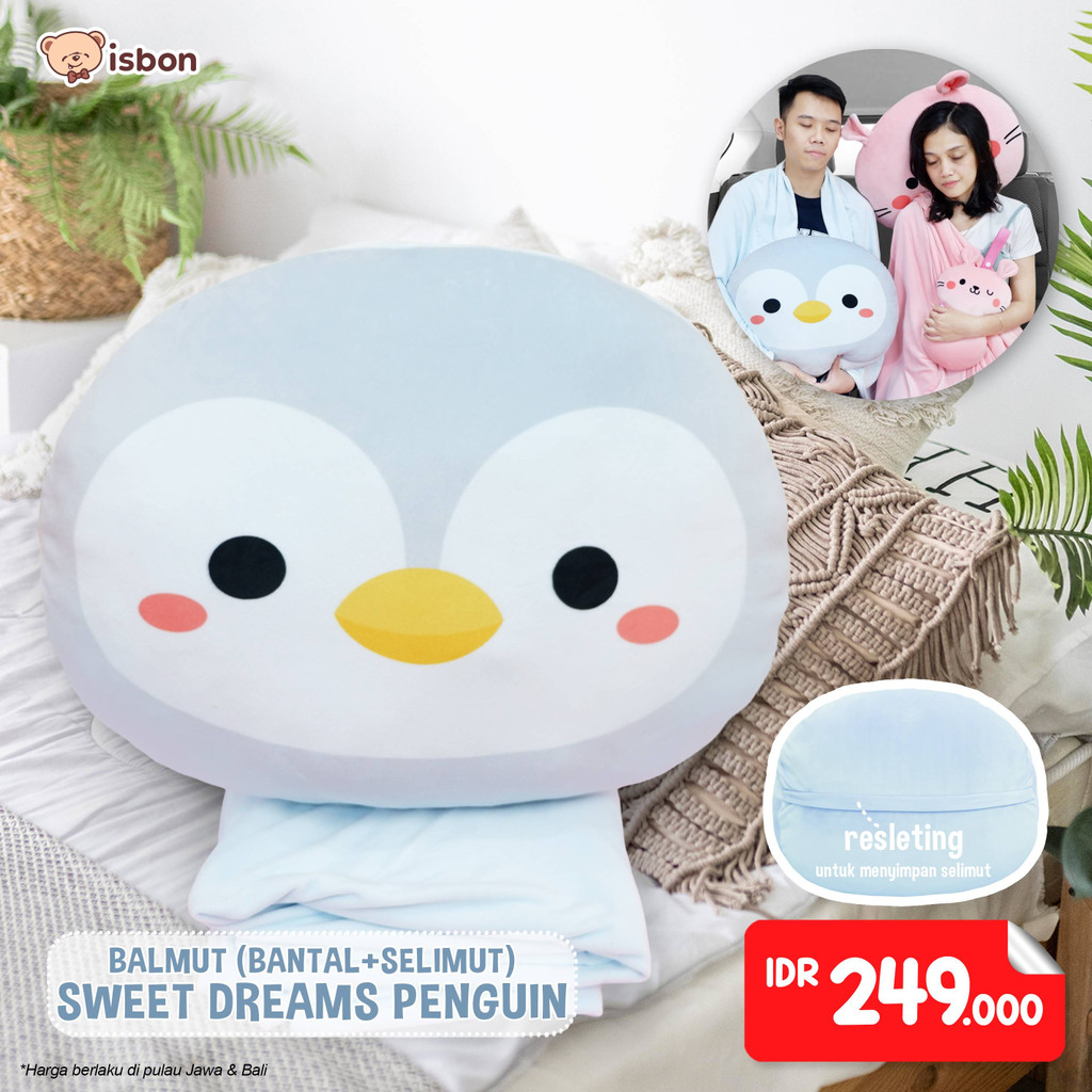 ISTANA BONEKA Balmut Bantal Selimut Karakter Pinguin Sweet Dream Soft Grey Cocok Untuk Traveling Bahan Hangat dan Lembut