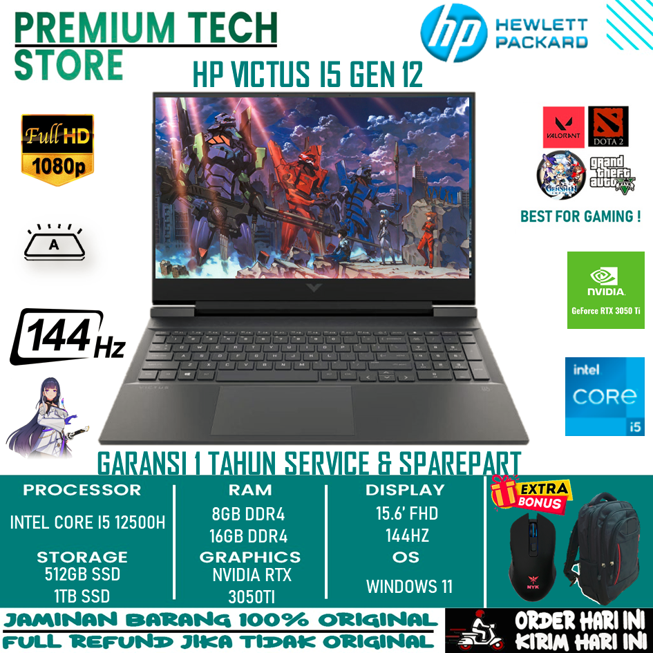 GAMING Laptop HP VICTUS 15 Intel I5 12500h 8GB 512GB SSD Windows 11 RTX3050TI 15.6 fhd 144hz