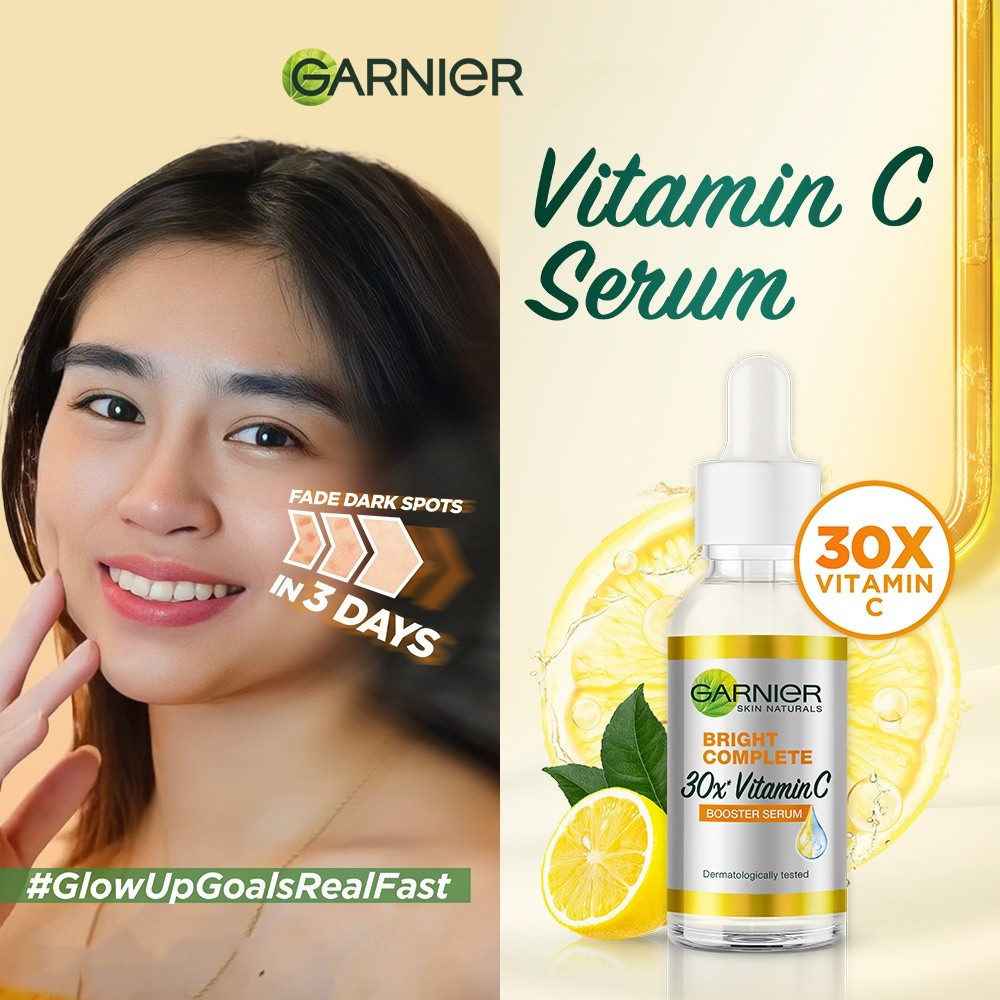 Garnier Bright Complete Vitamin C 30x Booster Serum 30ml Skincare - Cepat Cerahkan Noda Hitam dan Samarkan Bekas Jerawat