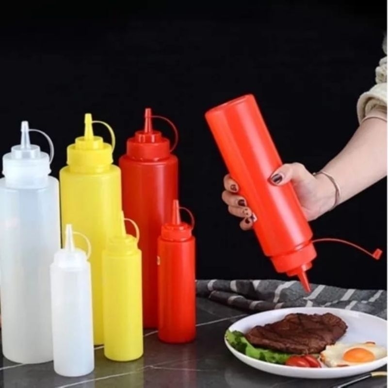 Botol Tempat Saus Isi Ulang | Wadah Reffil Saos Sambal Caos Tomat | Botol Refil Sauce Mayonaise Bumbu Cair BBQ | Tempat Simpan Minyak Goreng Oil Botol Plastik Kuning Merah Bening |