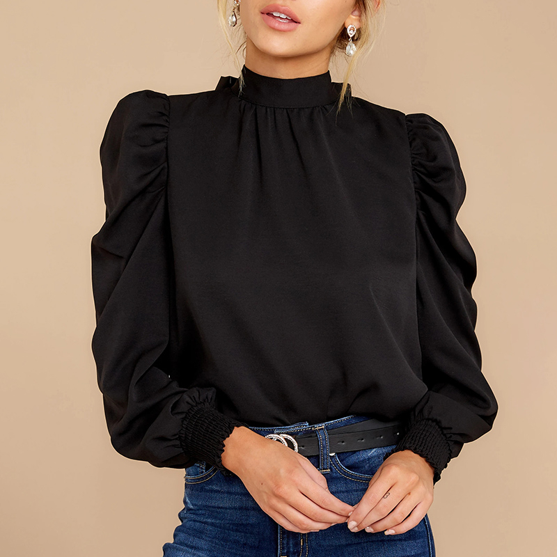 ZANZEA Women Tie Neck Long Puff Sleeve Solid Color Casual Blouse