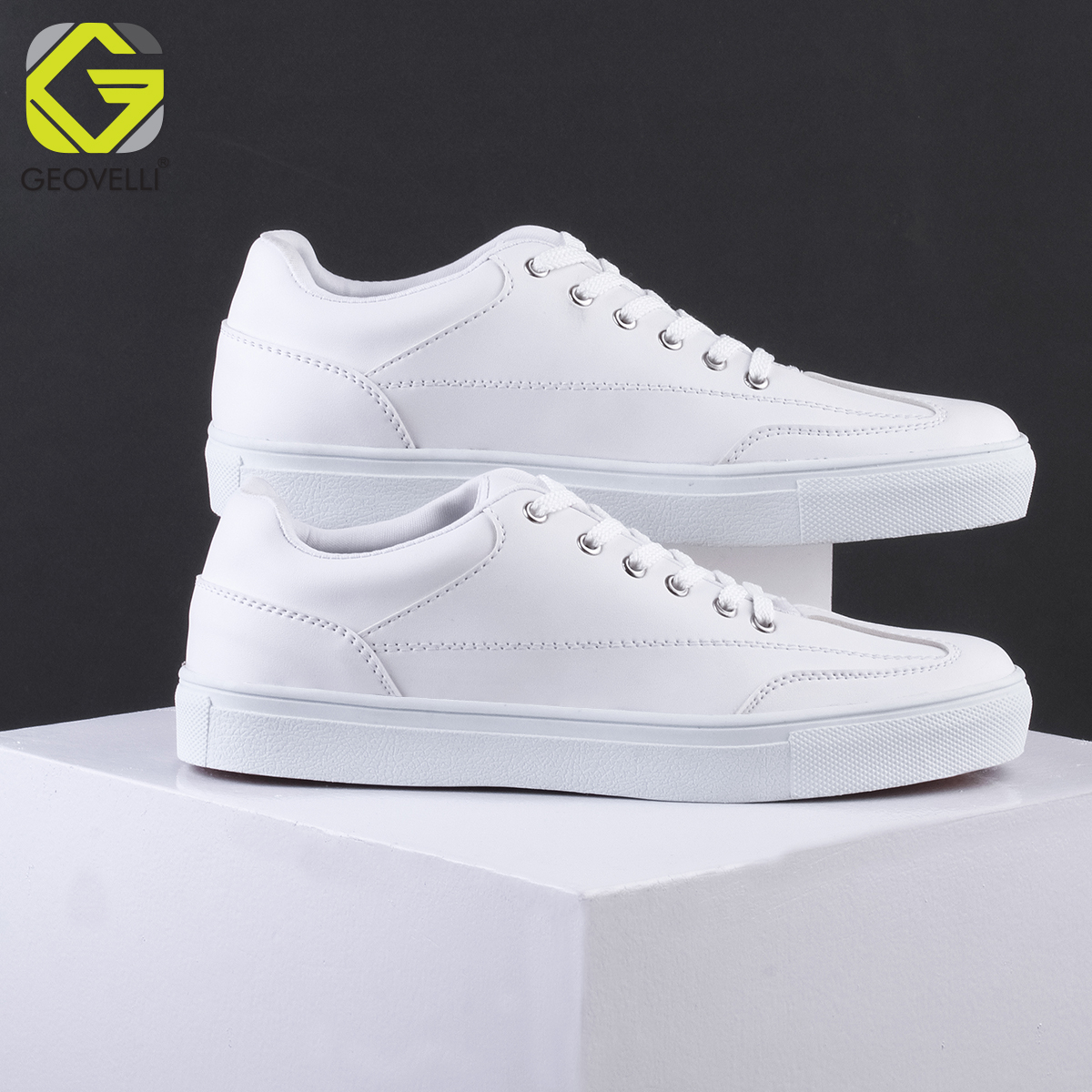 GEOVELLI ORI - Sepatu Sneakers Pria Bahan Picolo Warna Putih Polos Untuk Anak Sekolah Kuliah Nyaman Dipakai Kualitas Bagus