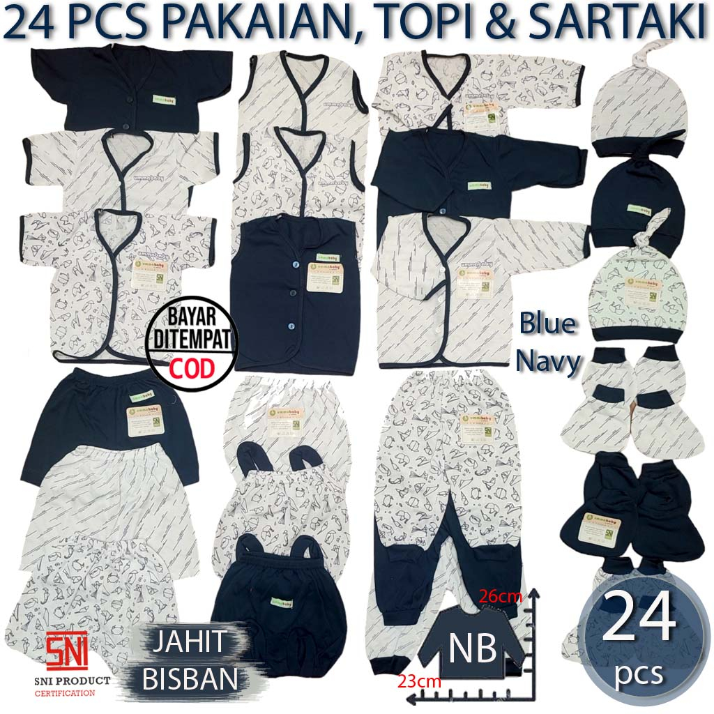 24 Pcs Baju Bayi Celana Bayi Setelan Bayi Baju Bayi Newborn Baju Bayi Baru Lahir Atasan Bayi Baju Bayi Kado Murah Baju Bayi Lucu Baju Bayi Seri Biru Tua Ekonomis Gift Set Navy Monochrome Sarung Tangan Kaki Topi