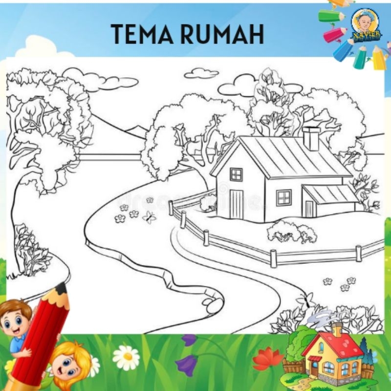 Sketsa gambar tema rumah /gambar mewarnai /kertas gambar