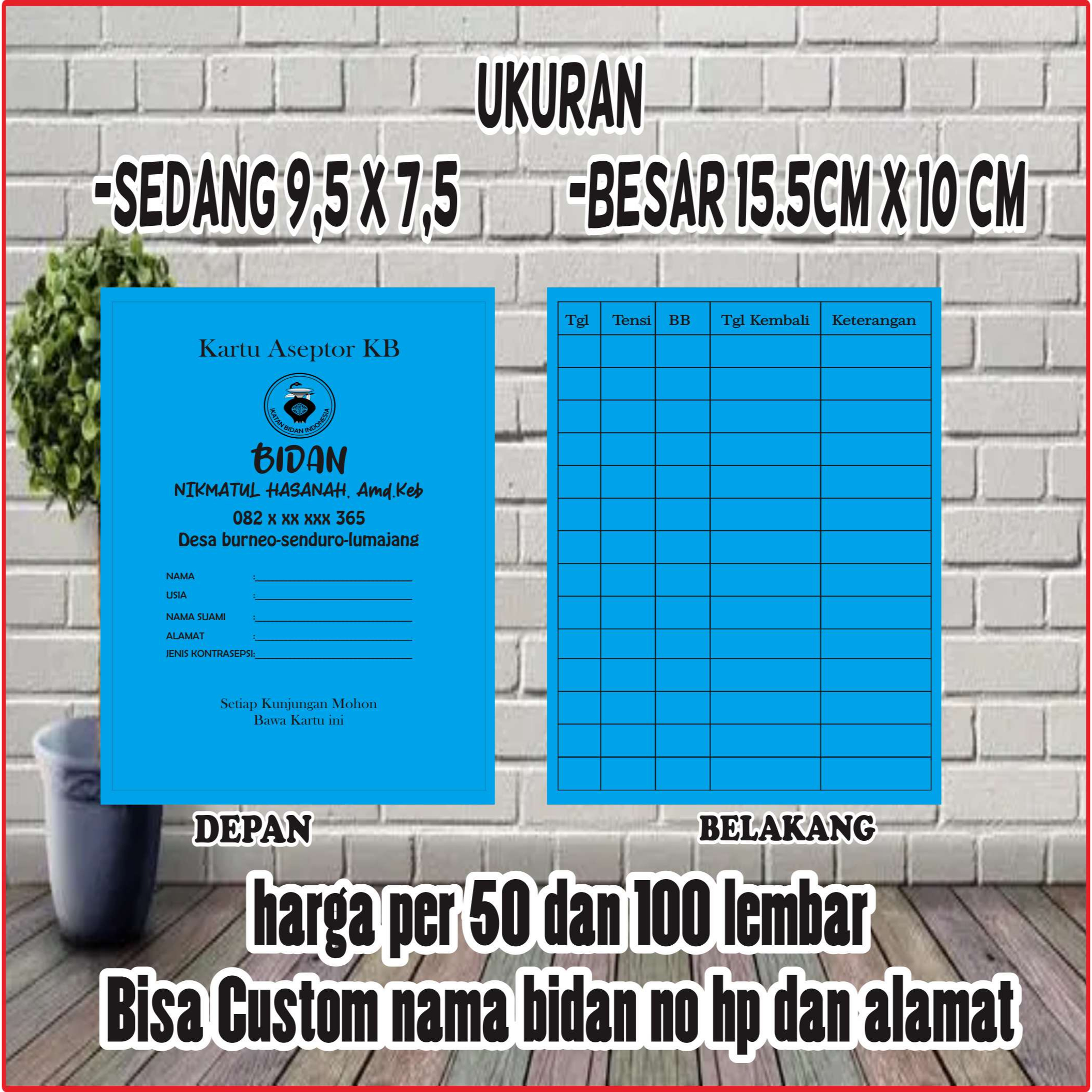 

100 lembar Kartu Akseptor KB - Kartu KB - Kartu KB Tanpa lipat - Kartu KB Bidan (1 Warna)