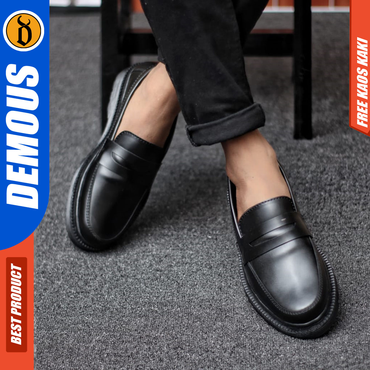 DEMOUS POLIS - Sepatu Loafers Pantofel Formal Docmart Slip On Pria Kerja Kulit PU