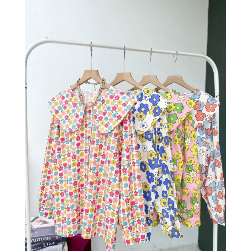 WR6325 KEMEJA WANITA IMPORT KOREA BANGKOK KEKINIAN BAHAN COTTON POPLIN MOTIF BUNGA PREMIUM KOREA
