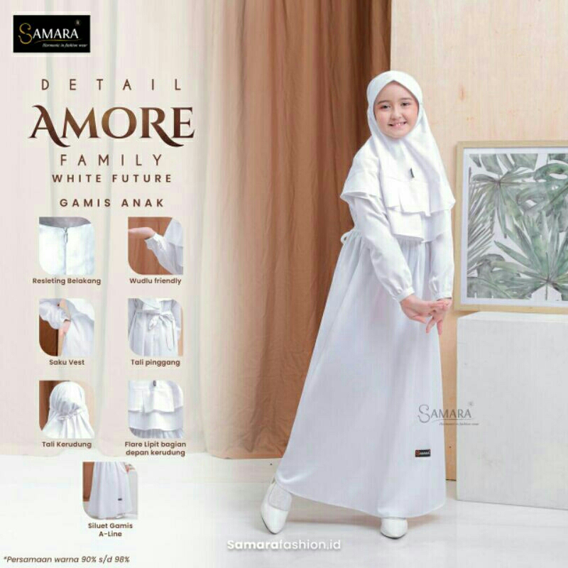 SETELAN GAMIS ANAK PUTIH ORIGINAL AMORE SAMARA FASHION DRESS BAJU BUSANA MUSLIM PEREMPUAN SET HIJAB 