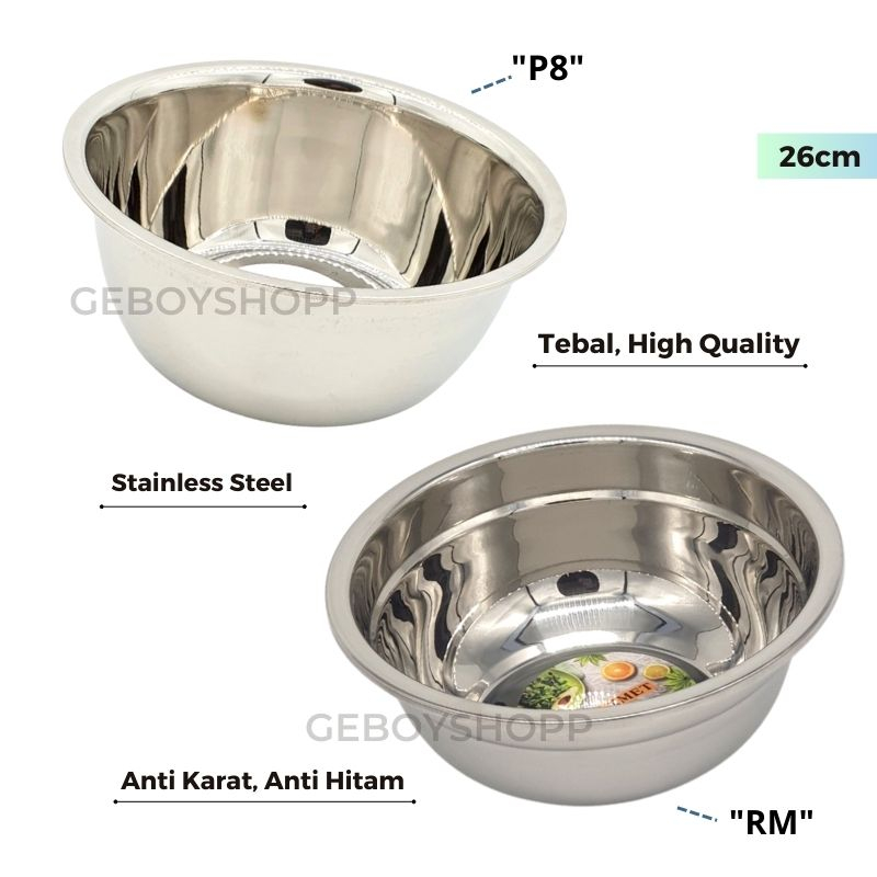 Baskom Stainless / Baskom Tinggi / Mixing Bowl Serbaguna Stainless Premium High Quality Anti Karat Uk 26Cm