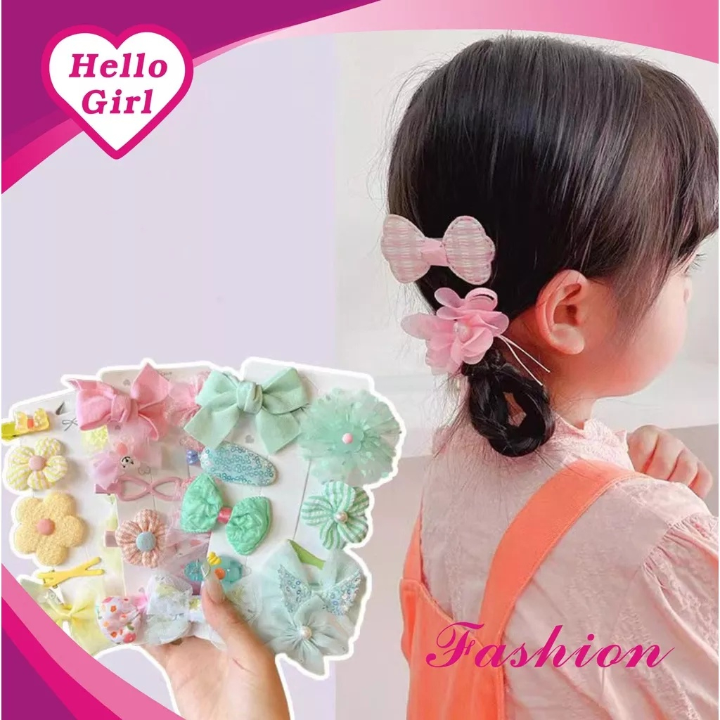 (Hello Girl) F157 Jepit Rambut Anak Set 10 IN 1 Jepit Rambut Anak Motif Pita Bunga Gaya Korea Import