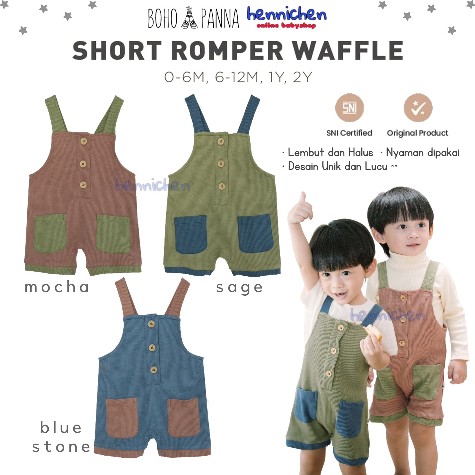 Bohopanna Short Romper Waffle 0-2 Tahun Romper Kutung Anak Tricolor Unisex