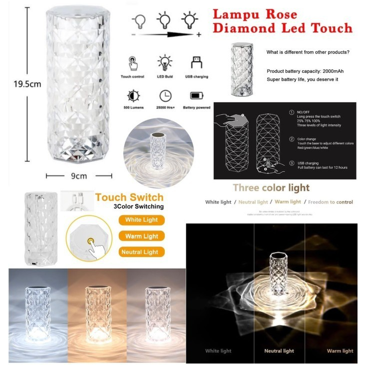 Lampu ROSE Diamond LED Touch Lampu Meja Kristal 3 Warna Pencahayaan Grosir