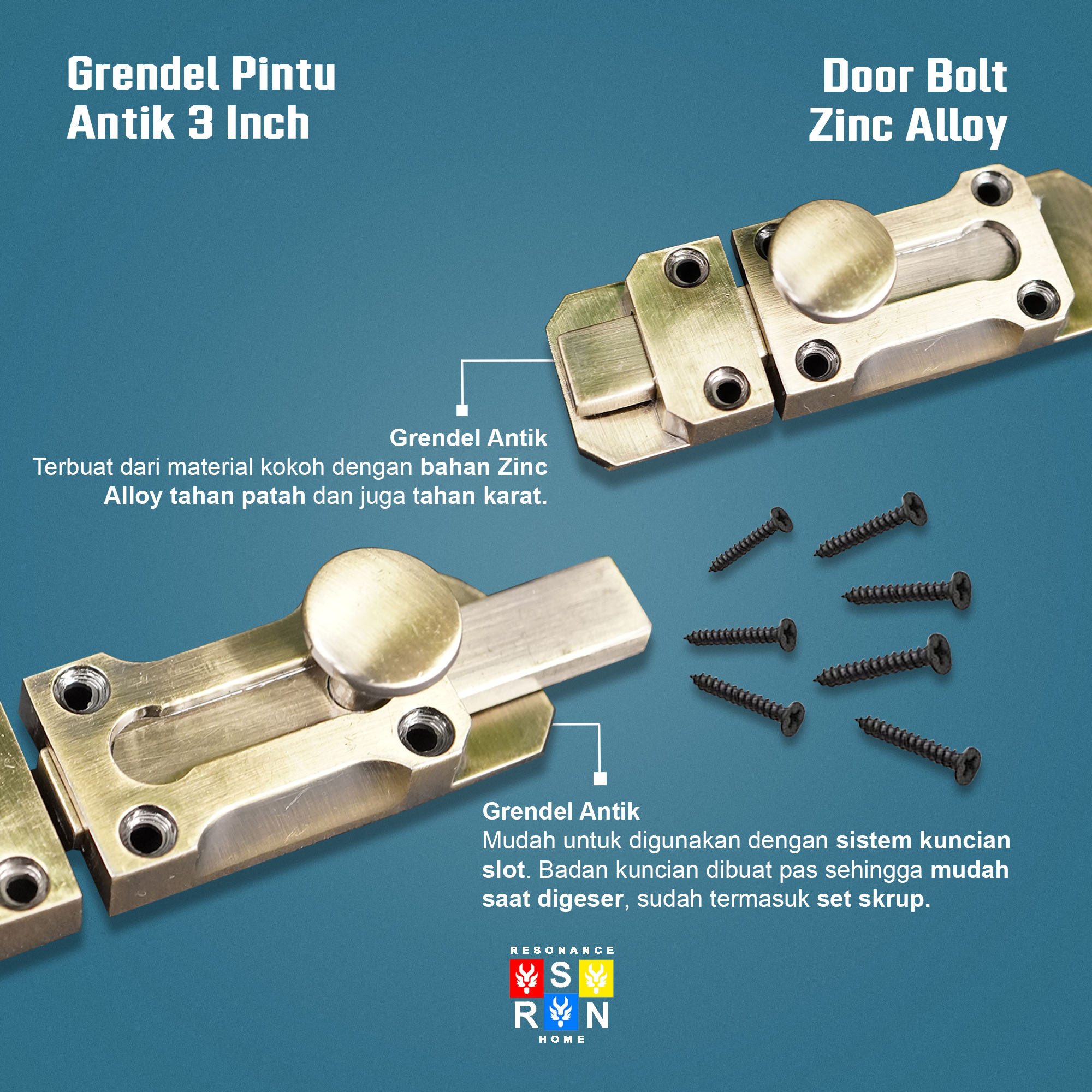 Grendel Antik 3 Inch / Vintage Door Bolt RESONANCE HOME