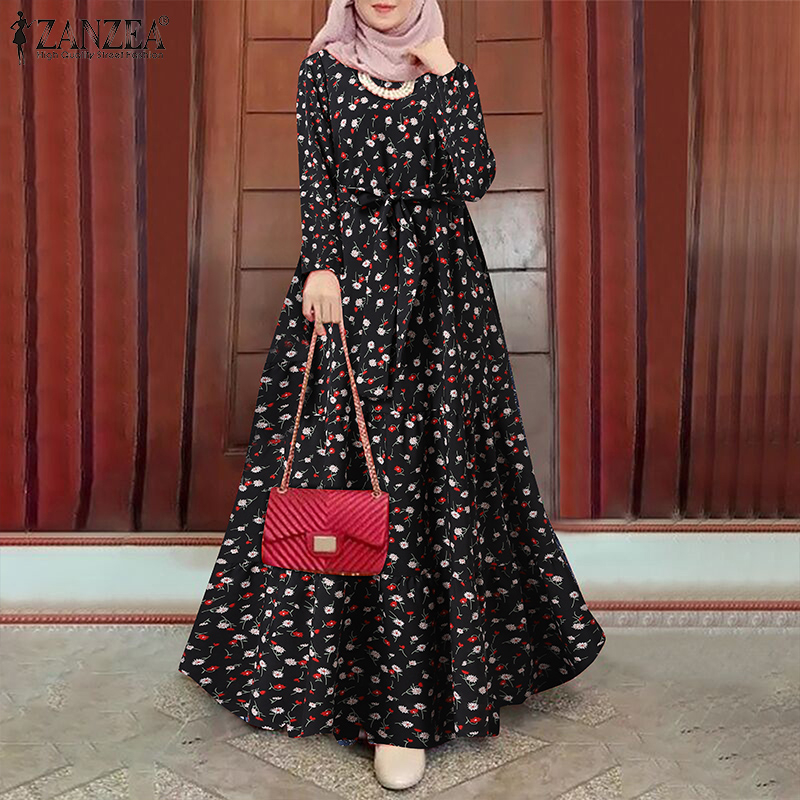 ZANZEA Women Retro Muslim Print Crew Neck Double Ruffle Irregular Hem Long Dress