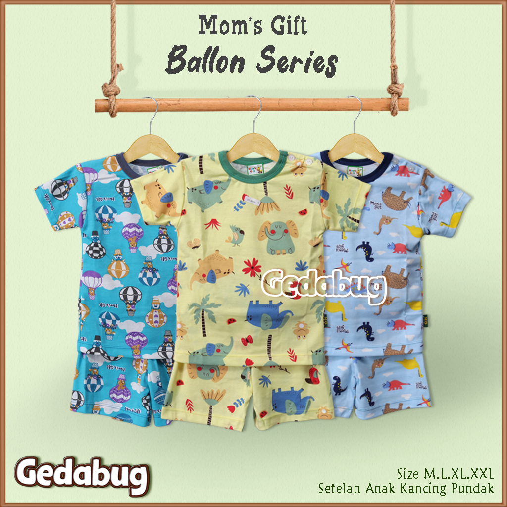 3 Setel - Setelan Kaos Anak Mom's Gift Ballon PENDEK | Setelan Baju bermain Anak Moms Gift | Gedabug