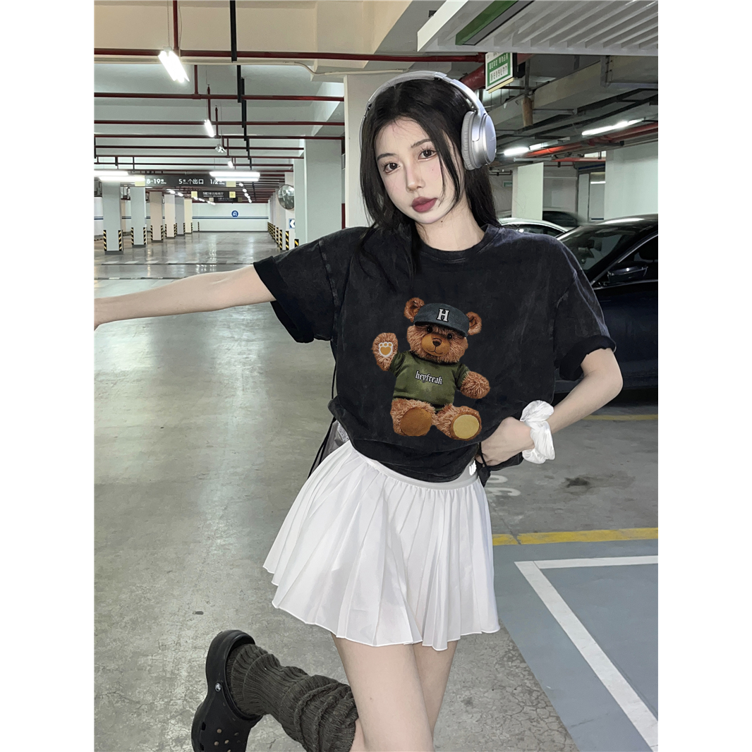 XIAOZHAINV Korean Style Cartoon Teddy Bear Pattern Washed Printing Kaos Wanita A0903/Baju Wanita Kekinian