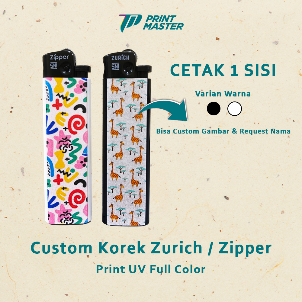 Custom Korek Api Zurich / Zipper Print UV Promosi/Souvenir 1 Sisi