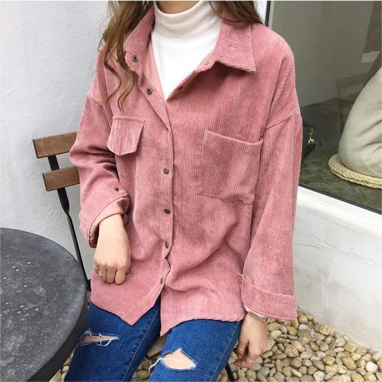 XIAOZHAINV Kemeja Corduroy Lengan Panjang Korean Style Oversize Atasan Wanita 0012