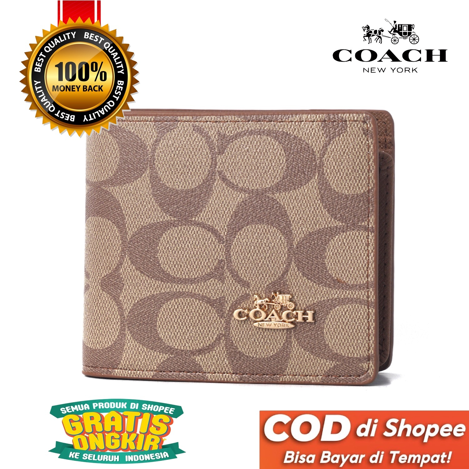 TOKOKOE - Dompet Pria Bahan Kulit Premium Import - Coach Logo Print Light Brown